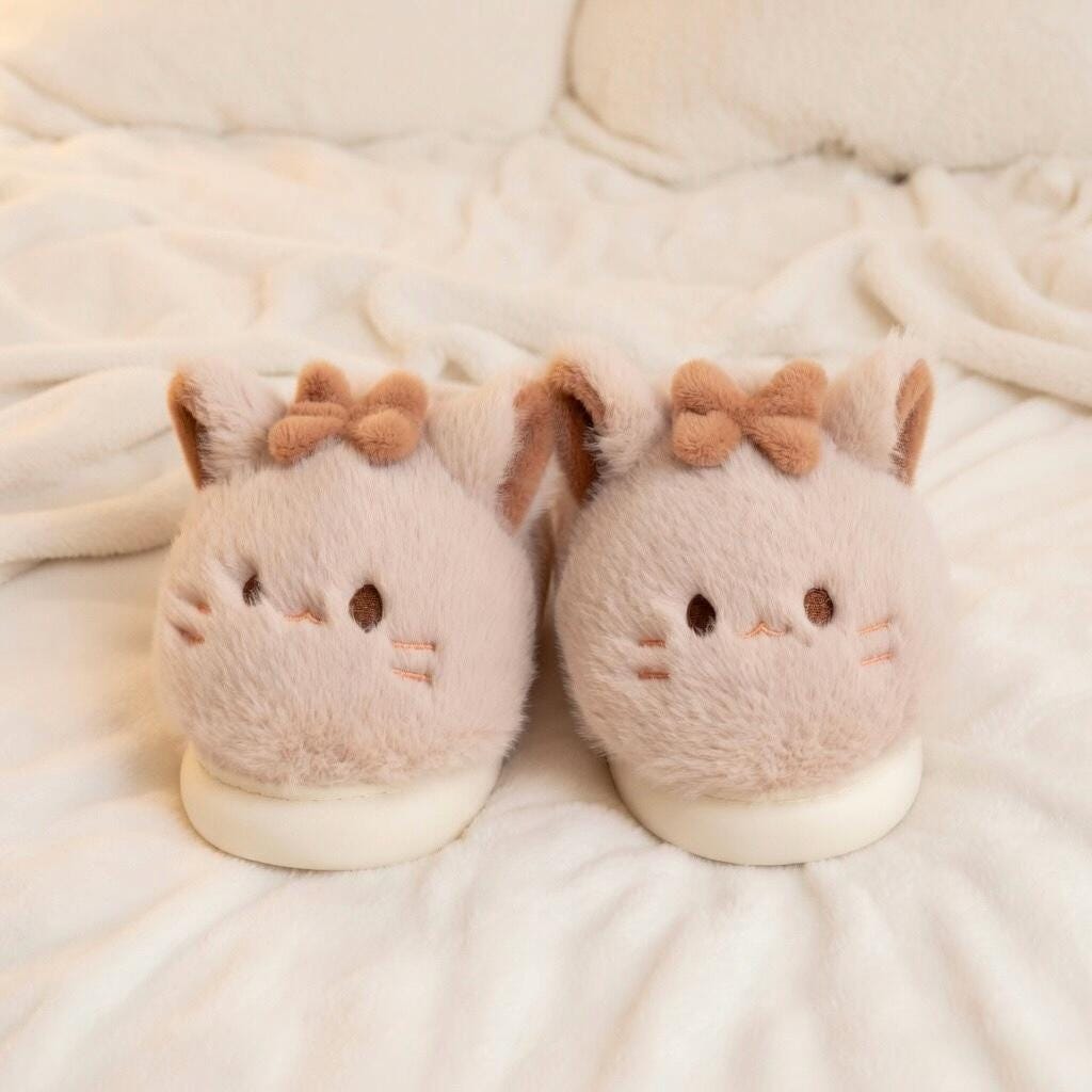 Kawaii Cat Plush Slippers | Bow Detail Cozy House Shoes | SoftSlipsy