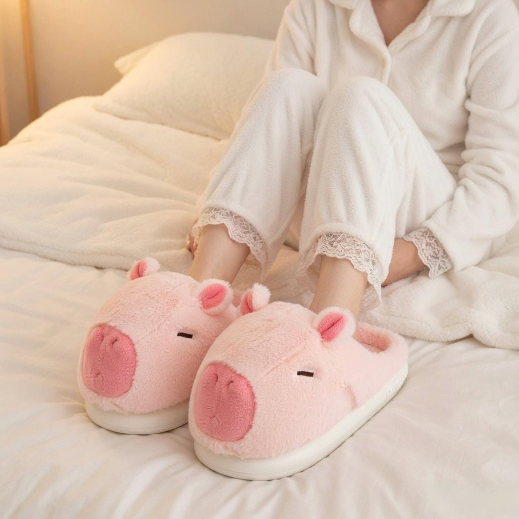 Pink Capybara Plush Slippers | Cozy Animal House Shoes | Fluffy Indoor Footwear | SoftSlipsy