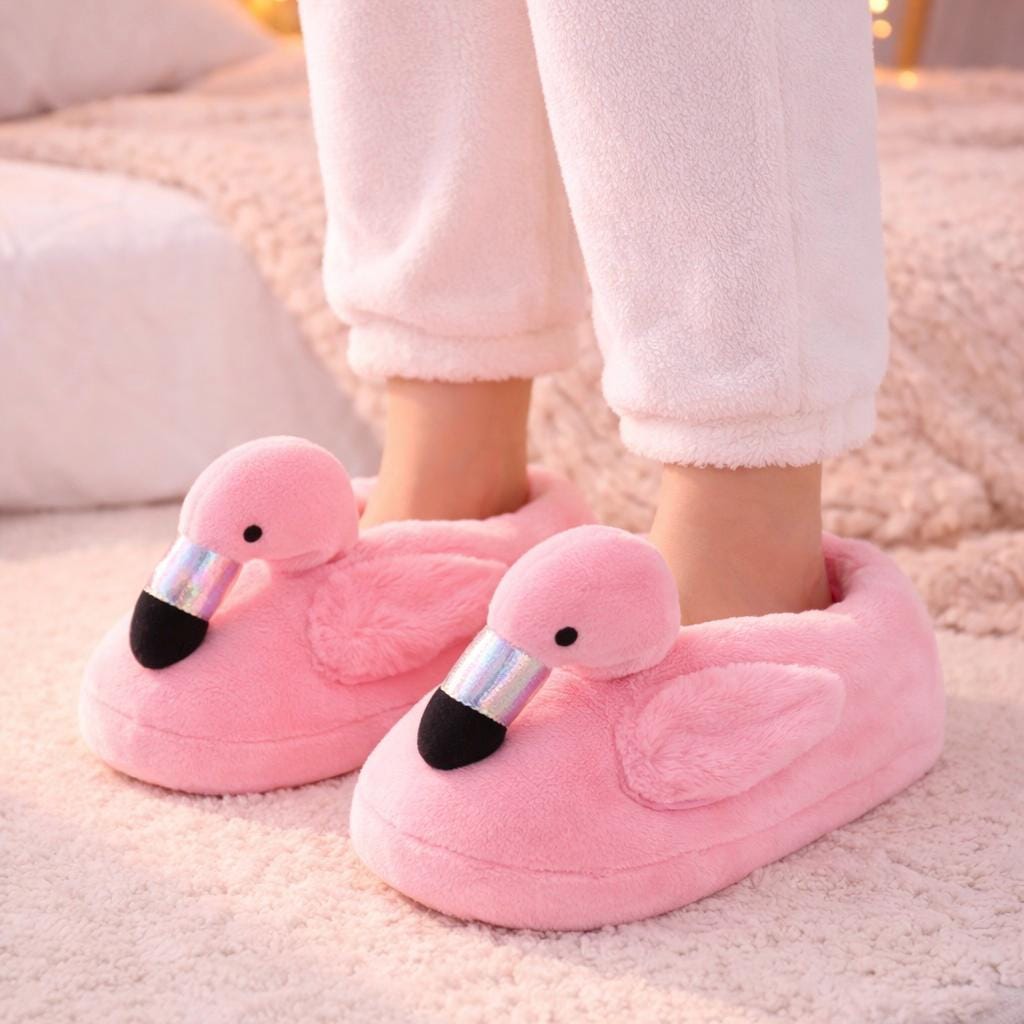 Flamingo Plush Slippers | Cozy Pink Animal House Shoes, Soft Winter Loungewear