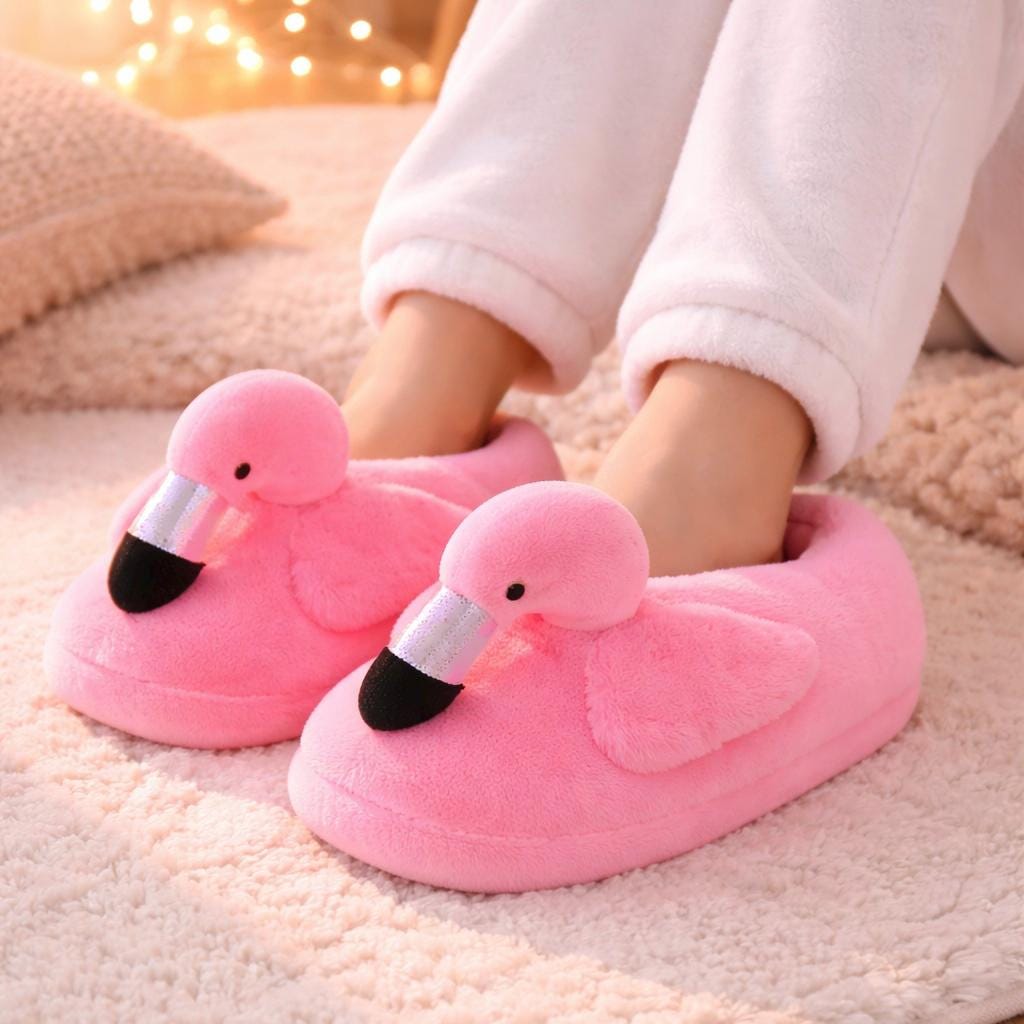Plush Flamingo Slippers | Cozy Pink Animal House Shoes, Non-Slip Winter Comfort | SoftSlipsy