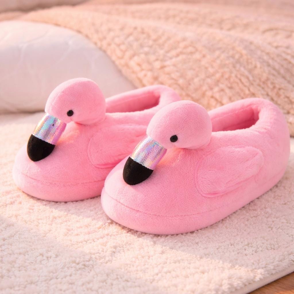 Plush Flamingo Slippers | Cozy Pink Animal House Shoes, Non-Slip Winter Comfort | SoftSlipsy