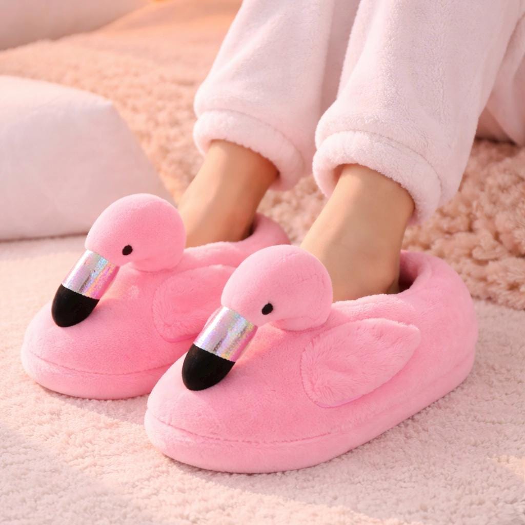 Flamingo Plush Slippers | Cozy Pink Animal House Shoes, Soft Winter Loungewear