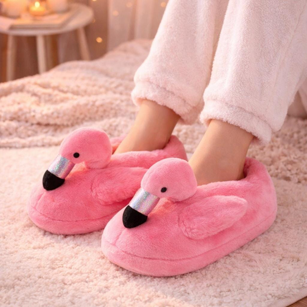 Plush Flamingo Slippers | Cozy Pink Animal House Shoes, Non-Slip Winter Comfort | SoftSlipsy