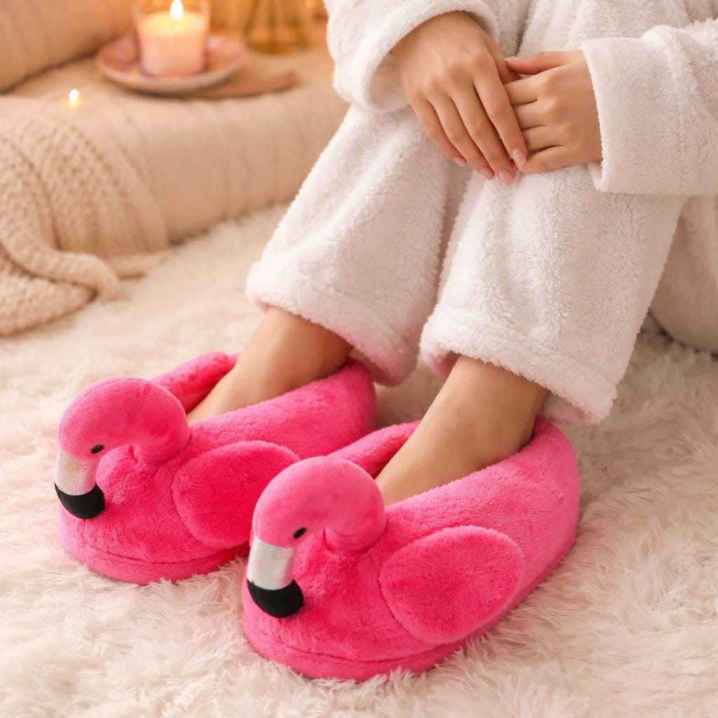 Flamingo Plush Slippers | Cozy Pink Animal House Shoes, Soft Winter Loungewear