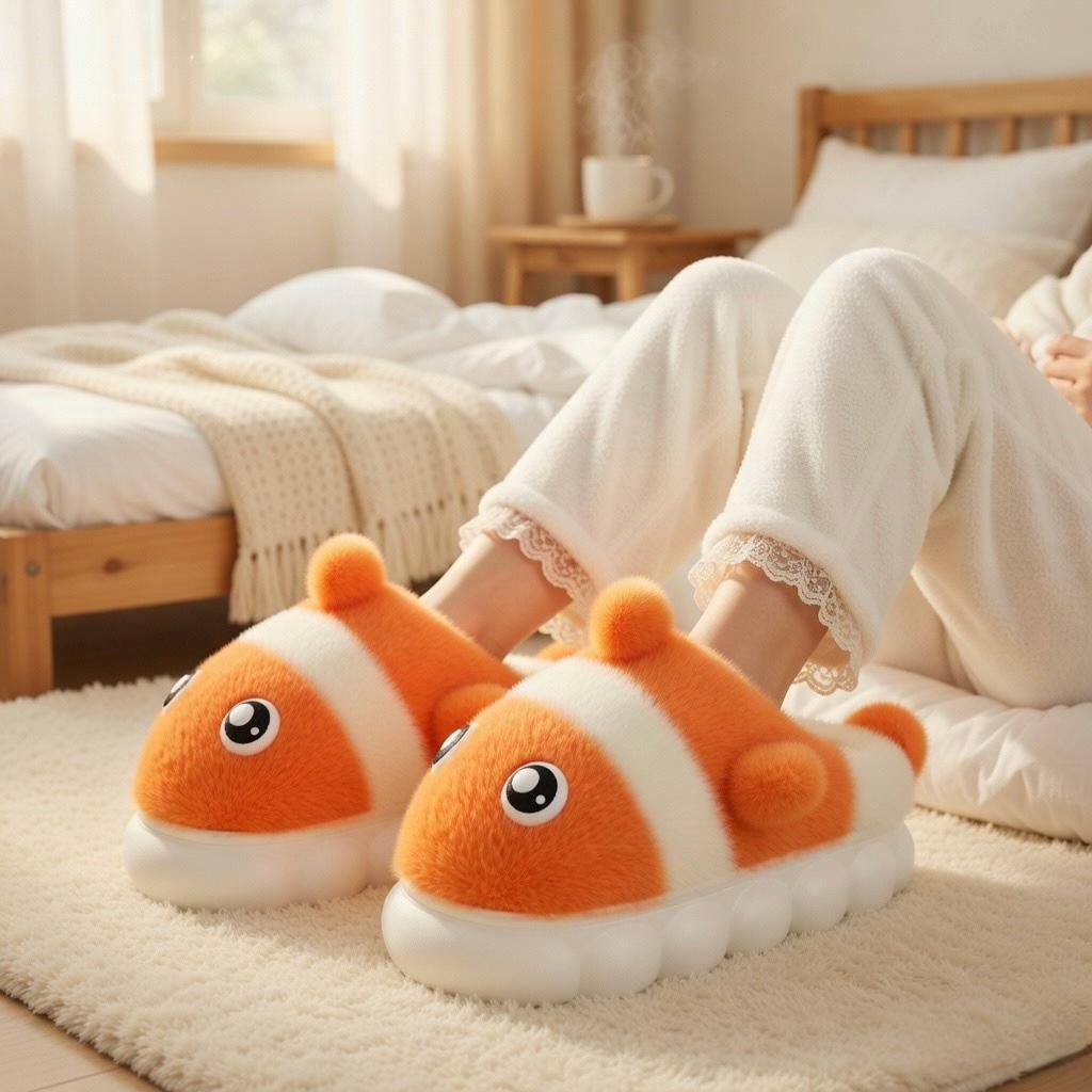 Clownfish Plush Slippers | Cozy Cartoon Fish Indoor House Shoes | SoftSlipsy