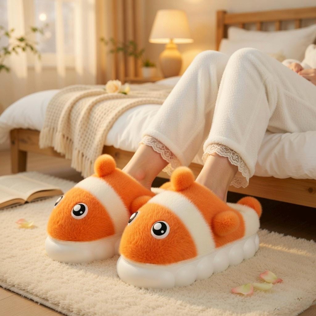 Clownfish Plush Slippers | Cozy Cartoon Fish Indoor House Shoes | SoftSlipsy