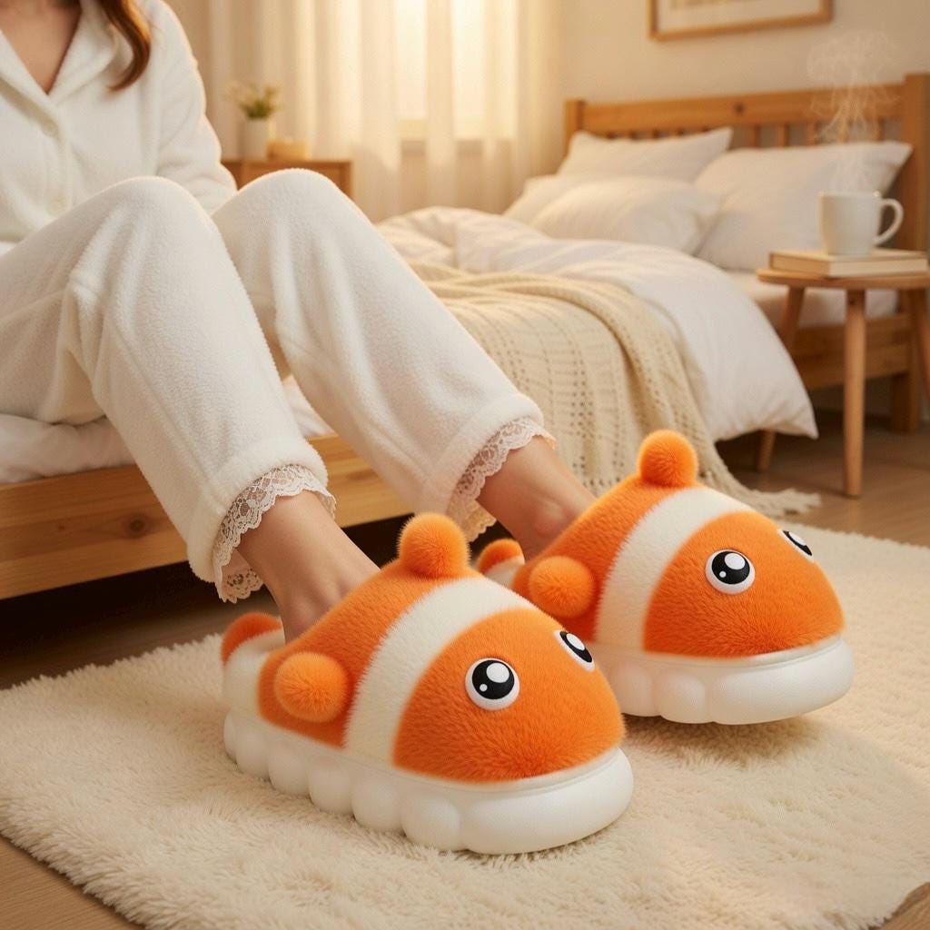 Clownfish Plush Slippers | Cozy Cartoon Fish Indoor House Shoes | SoftSlipsy