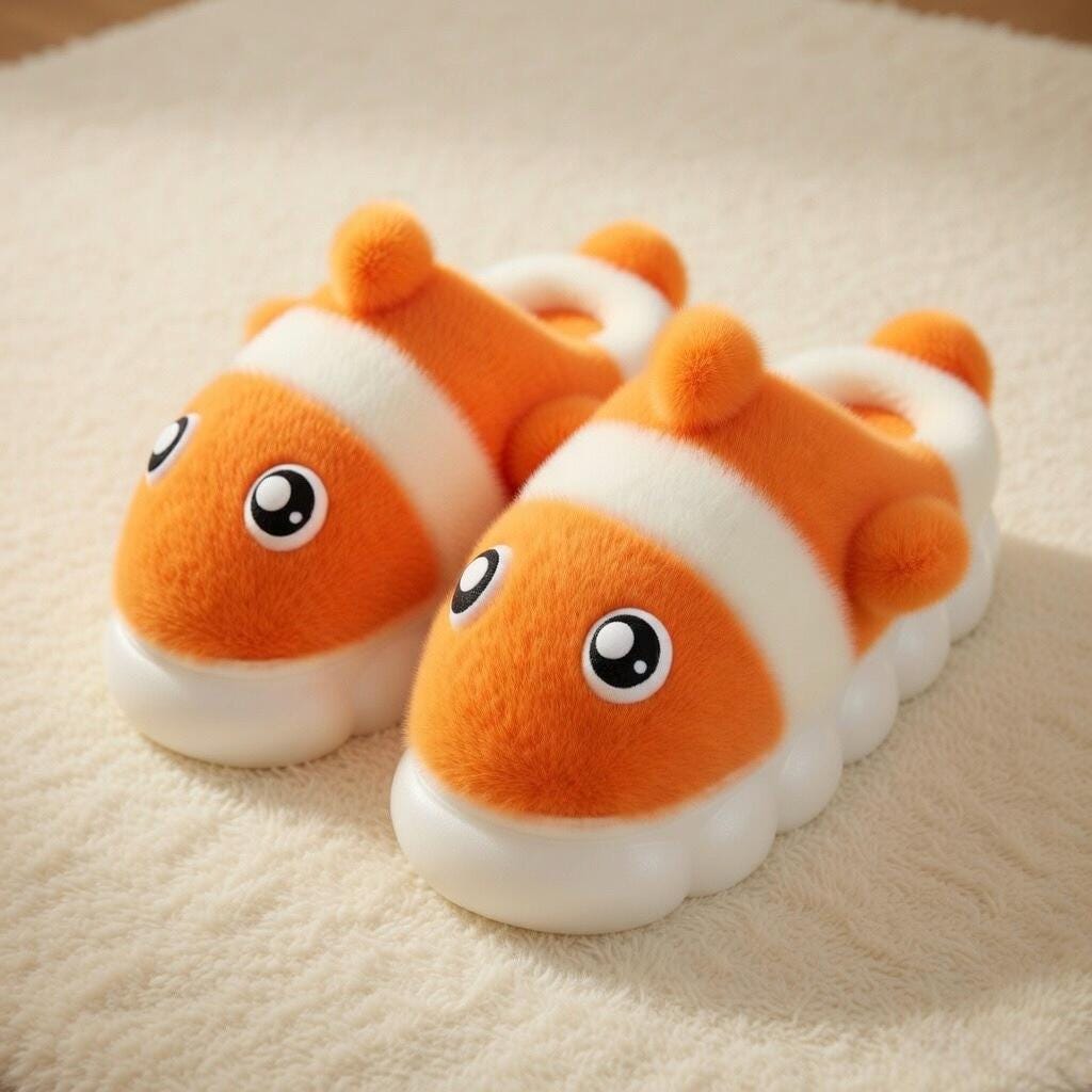 Clownfish Plush Slippers | Cozy Cartoon Fish Indoor House Shoes | SoftSlipsy