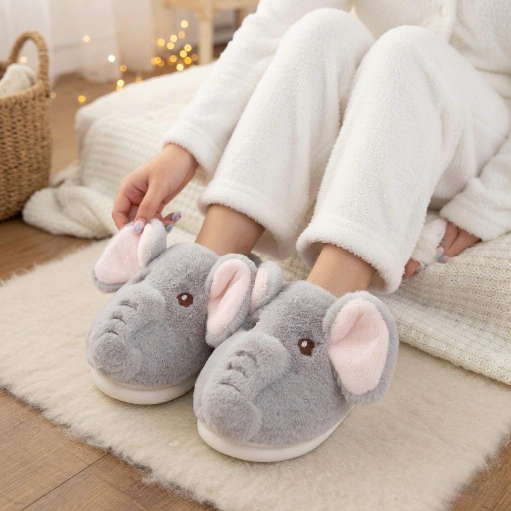 Plush Elephant Slippers | Cozy Fluffy Animal House Shoes (Winter Warmth) | SoftSlipsy