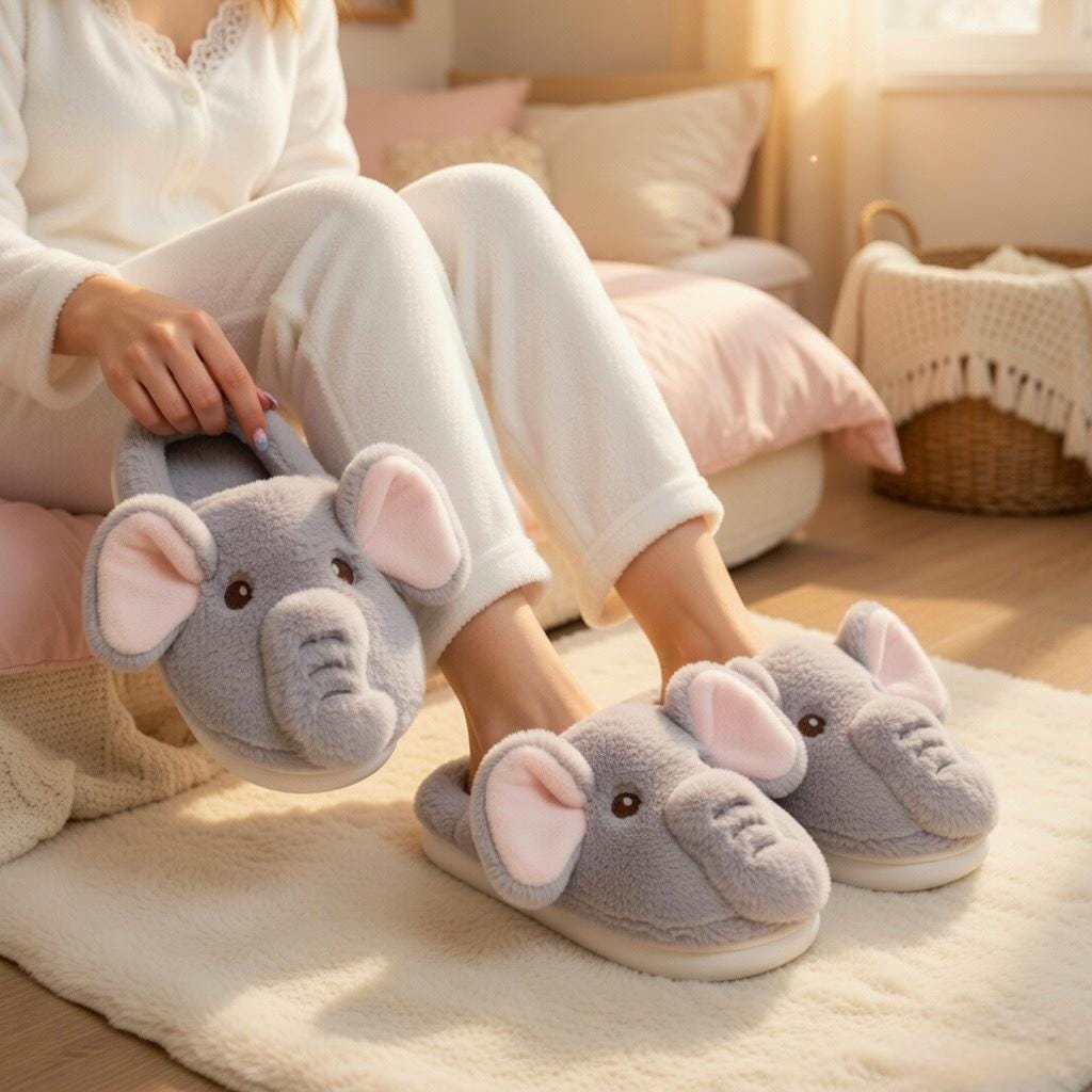 Plush Elephant Slippers | Cozy Fluffy Animal House Shoes (Winter Warmth) | SoftSlipsy