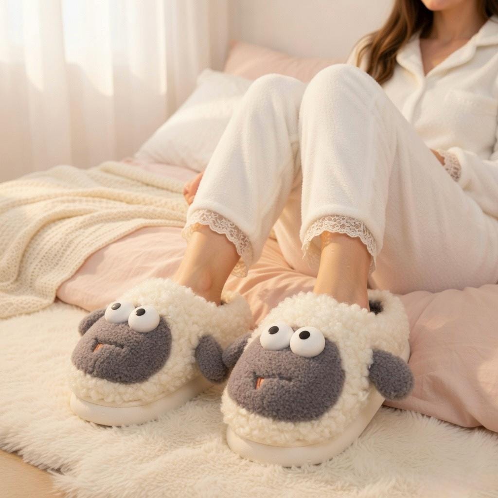Plush Sheep Slippers | Cozy Fluffy Animal House Shoes (Non-slip Sole) | SoftSlipsy