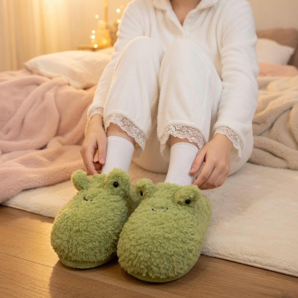 Plush Frog Slippers | Cozy Fluffy Animal House Shoes, Winter Warmth | SoftSlipsy