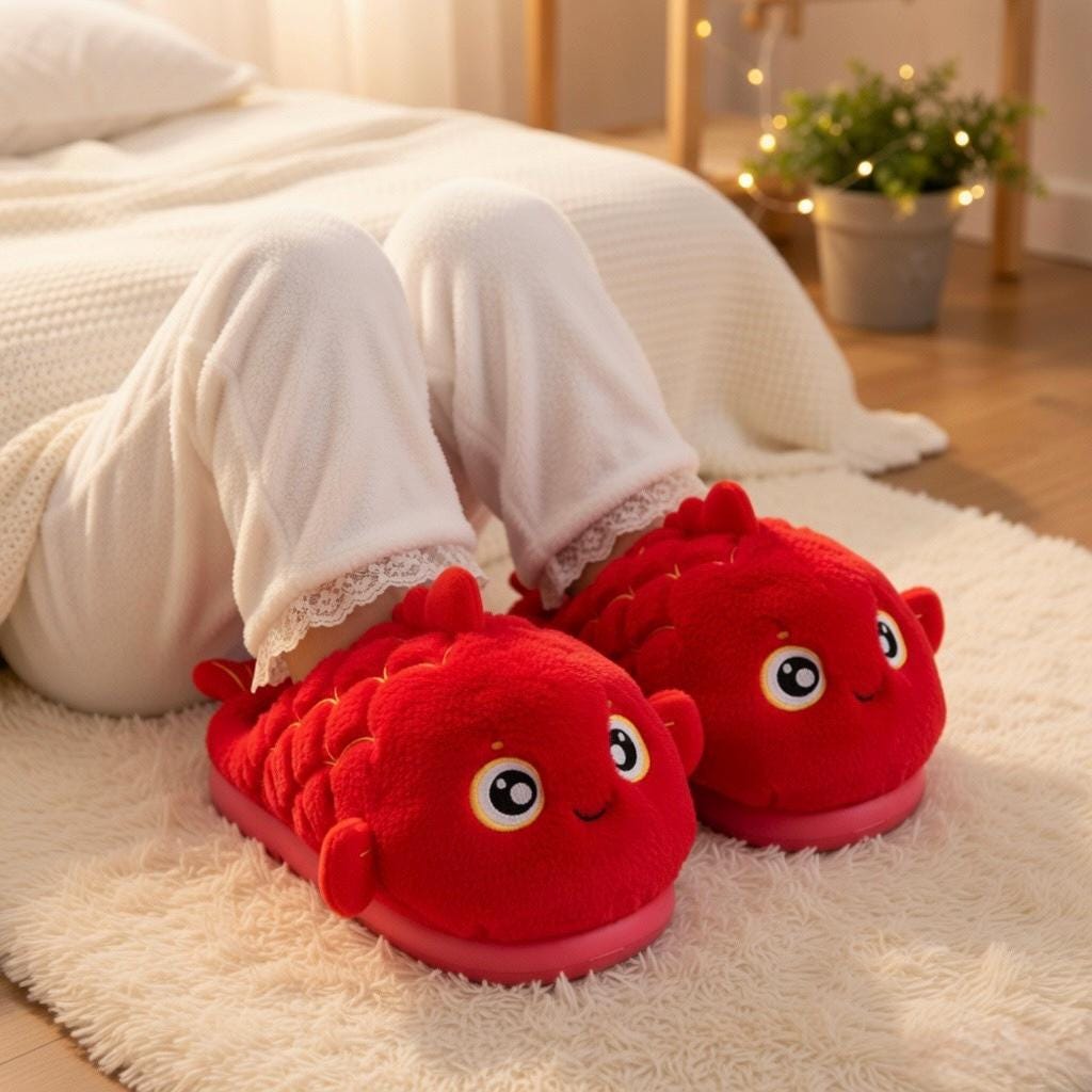Red Koi Fish Plush Slippers | Cozy Cartoon Animal Indoor Shoes | SoftSlipsy
