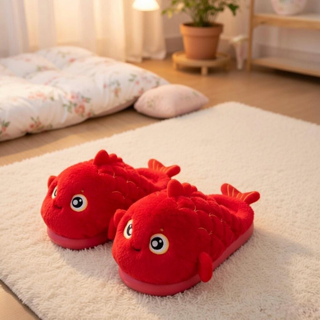 Red Koi Fish Plush Slippers | Cozy Cartoon Animal Indoor Shoes | SoftSlipsy