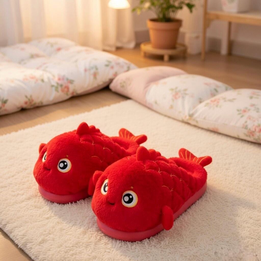Red Koi Fish Plush Slippers | Cozy Cartoon Animal Indoor Shoes | SoftSlipsy