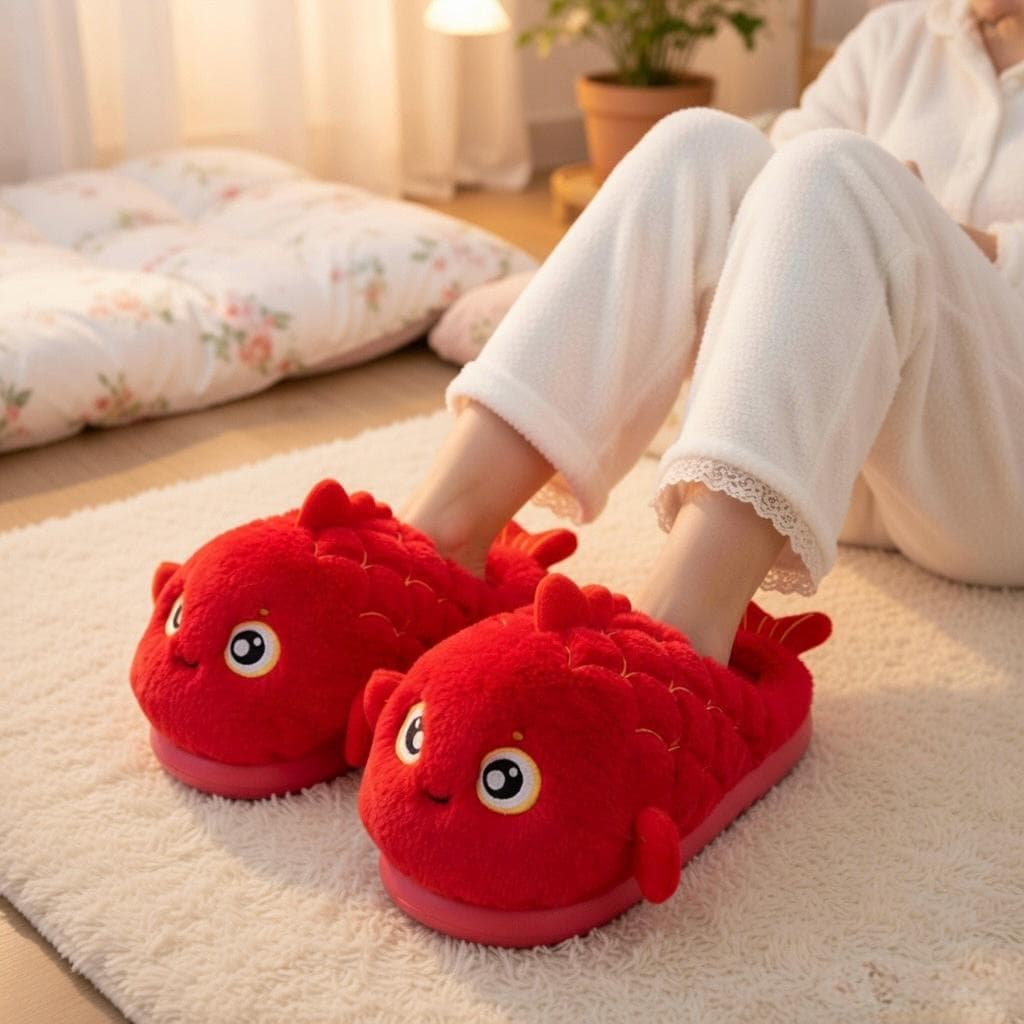 Red Koi Fish Plush Slippers | Cozy Cartoon Animal Indoor Shoes | SoftSlipsy
