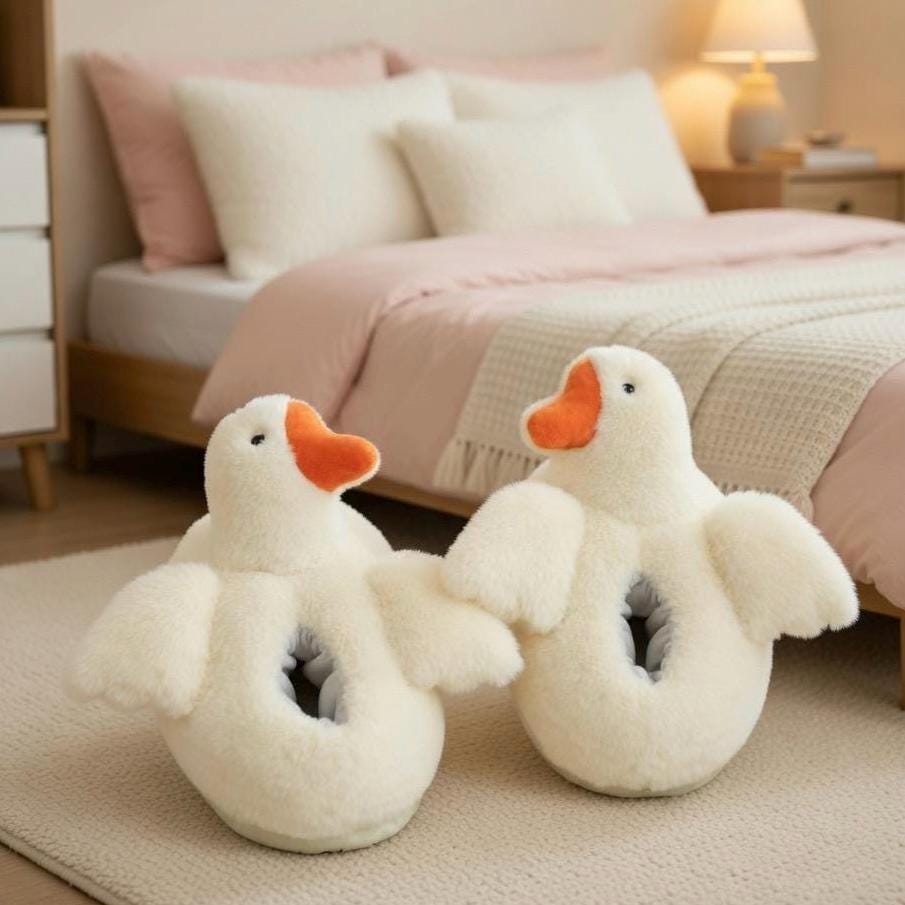 White Duck Plush Slippers | Fluffy Cozy Animal House Shoes | SoftSlipsy