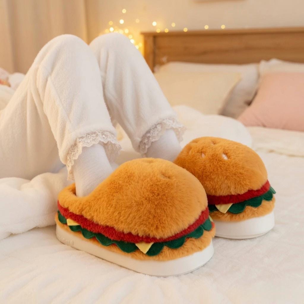 Burger Slippers | Plush Hamburger House Shoes, Cozy Winter Indoor Footwear | SoftSlipsy