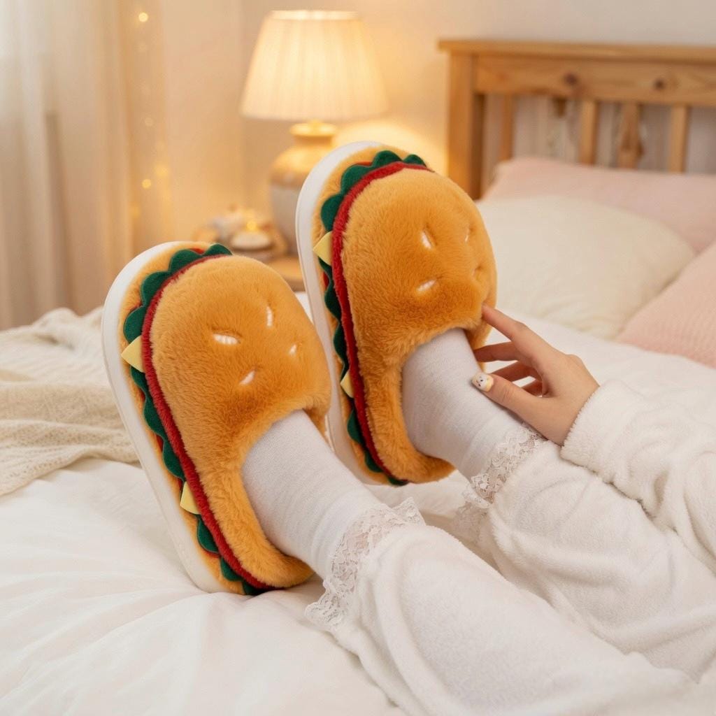 Burger Slippers | Plush Hamburger House Shoes, Cozy Winter Indoor Footwear | SoftSlipsy