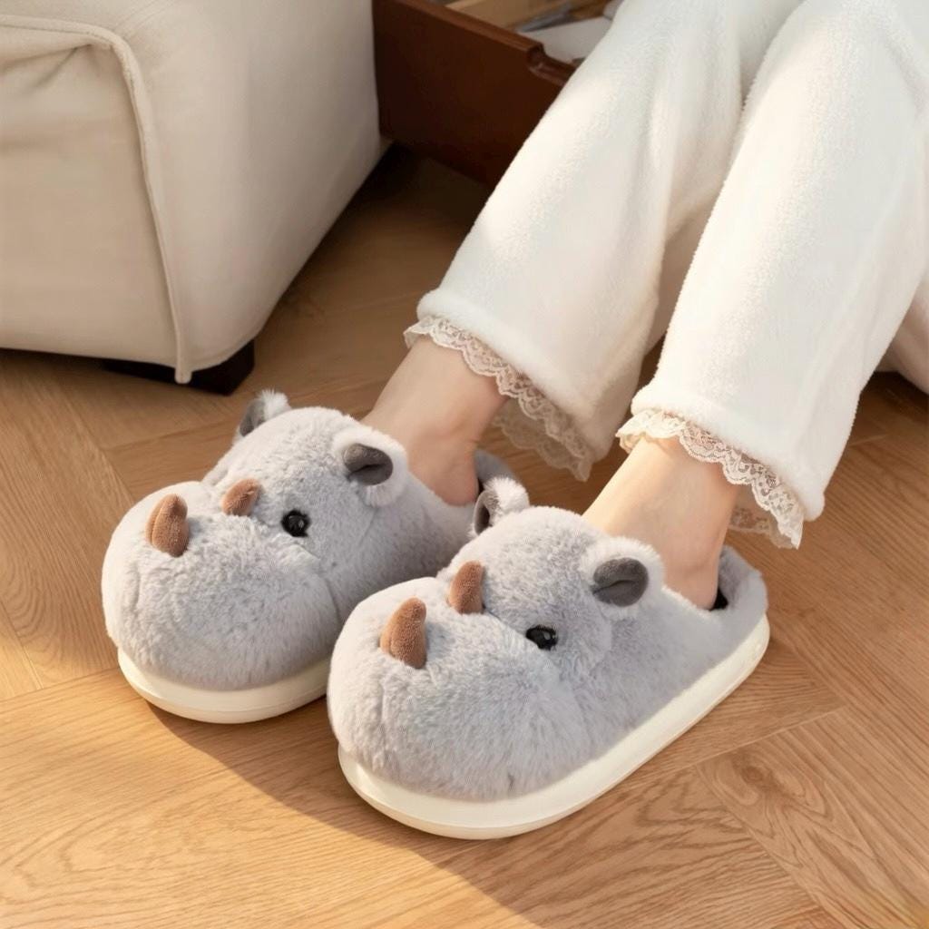Rhino Slippers Plush Animal Slippers Women | Cute Rhinoceros House Slippers | Cartoon Indoor Slippers | Cozy Home Shoes Gift | SoftSlipsy