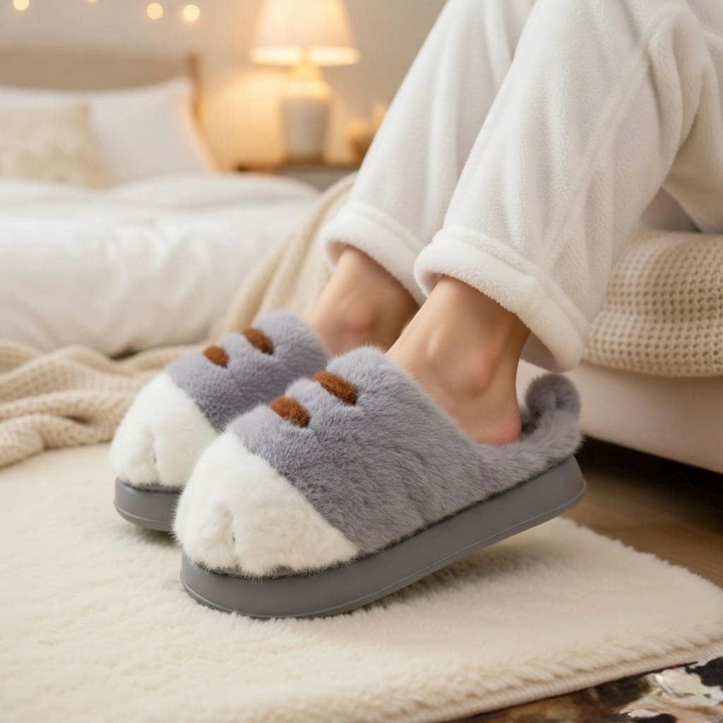 Plush Cat Paw Slippers: Cozy Winter House Shoes for Women | SoftSlipsy