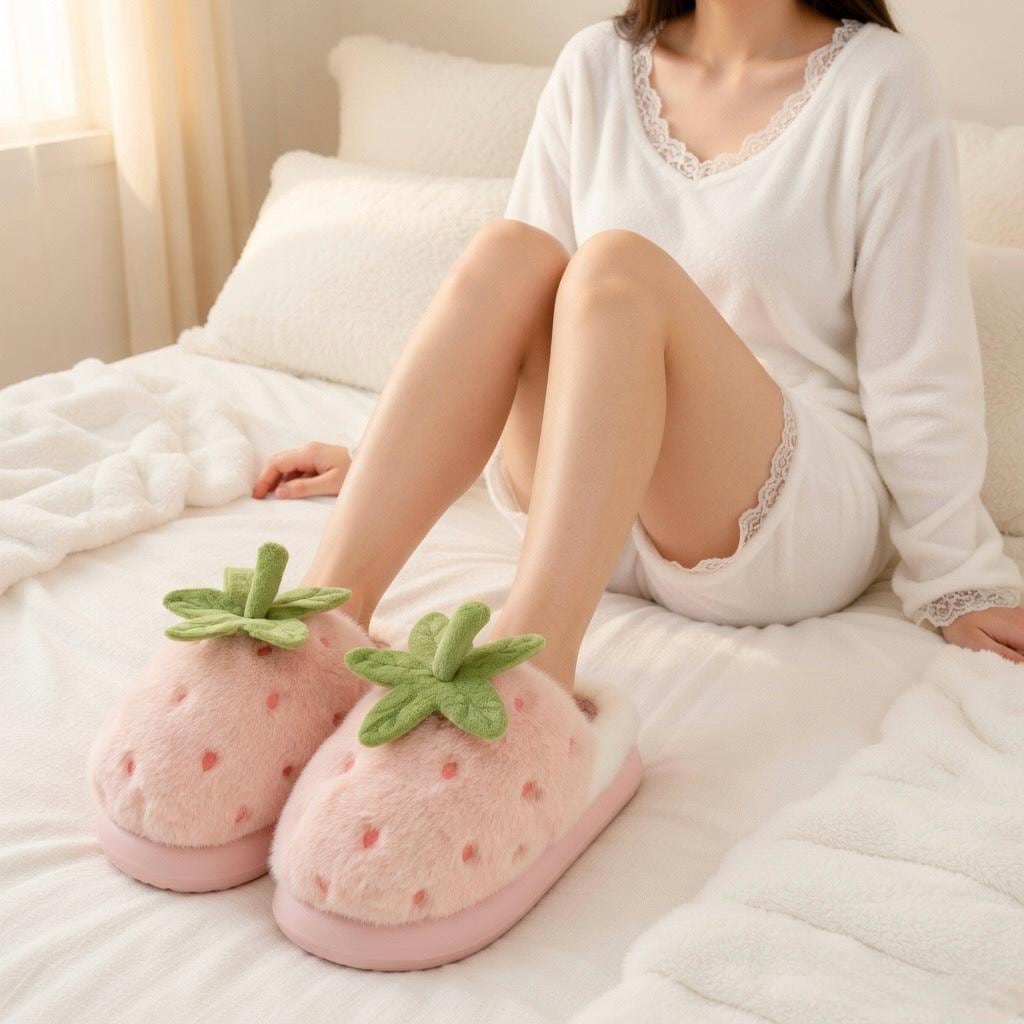 Women's Strawberry Plush Slippers | Cozy Indoor House Shoes, Autumn Winter Warmth | SoftSlipsy