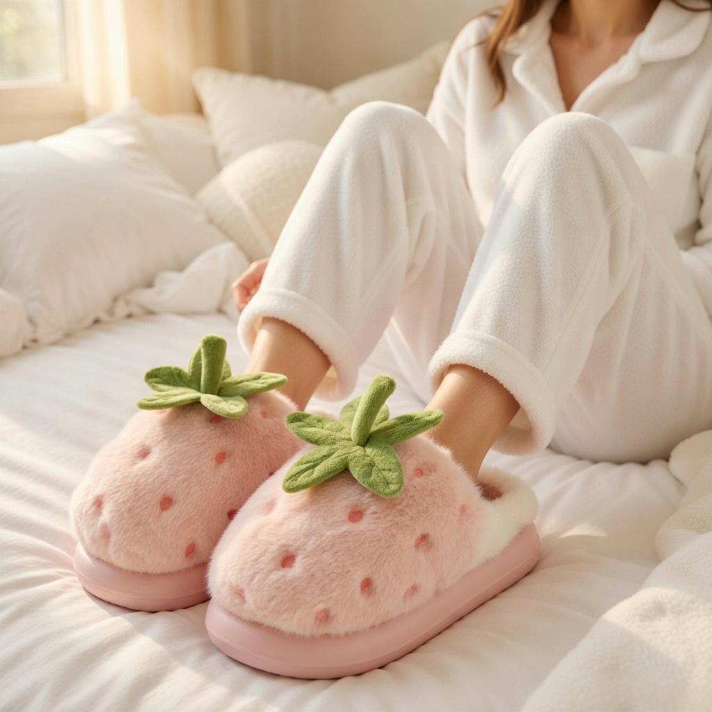 Women's Strawberry Plush Slippers | Cozy Indoor House Shoes, Autumn Winter Warmth | SoftSlipsy
