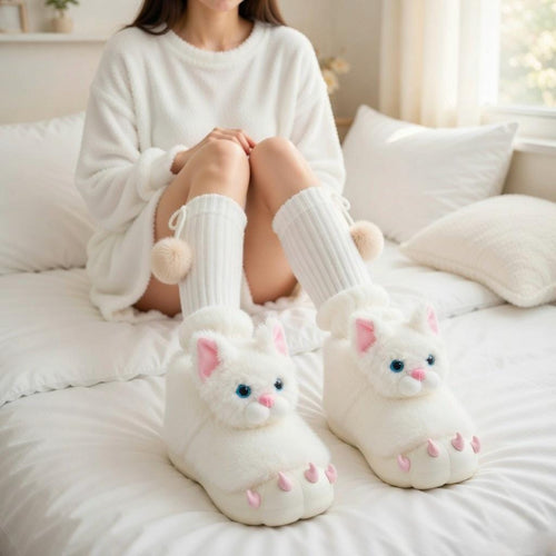 Cat Paw Plush Slippers | Kawaii Animal Indoor Cozy Winter Home Shoes | SoftSlipsy