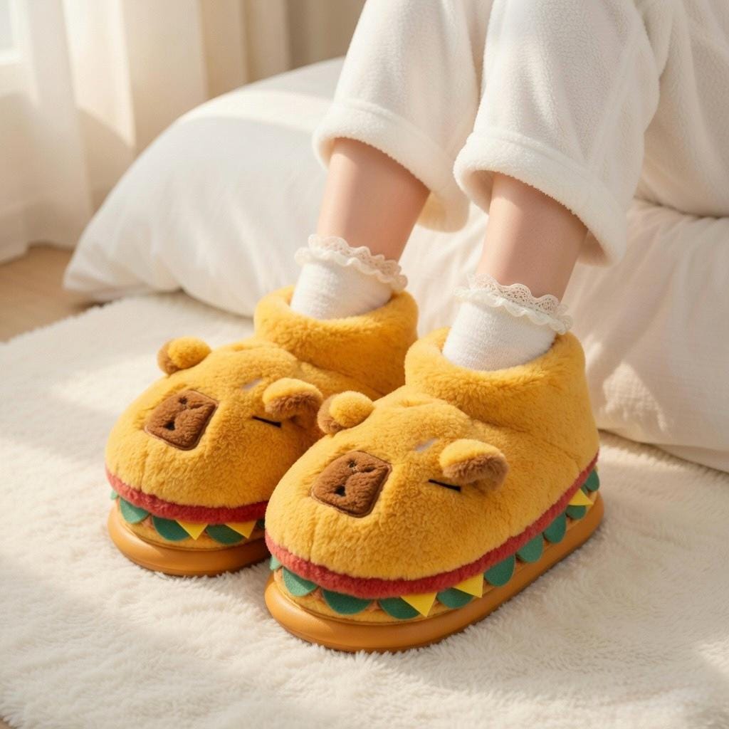 Capybara Burger Plush Slippers – Ultra Cozy Animal House Shoes | SoftSlipsy