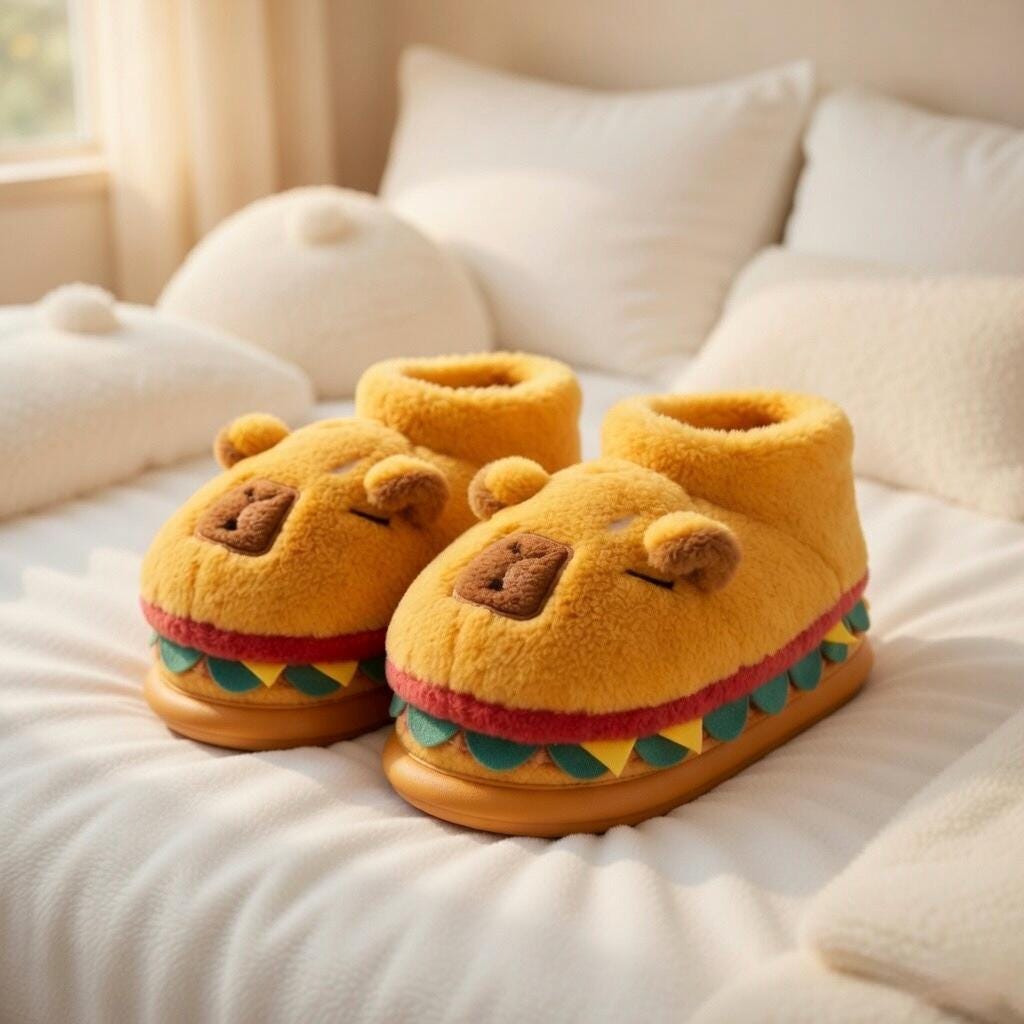 Capybara Burger Plush Slippers – Ultra Cozy Animal House Shoes | SoftSlipsy