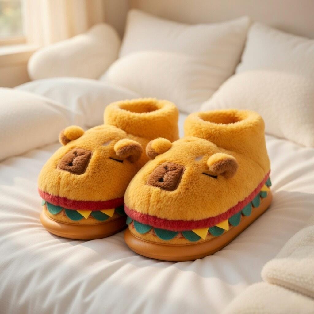 Capybara Burger Plush Slippers – Ultra Cozy Animal House Shoes | SoftSlipsy
