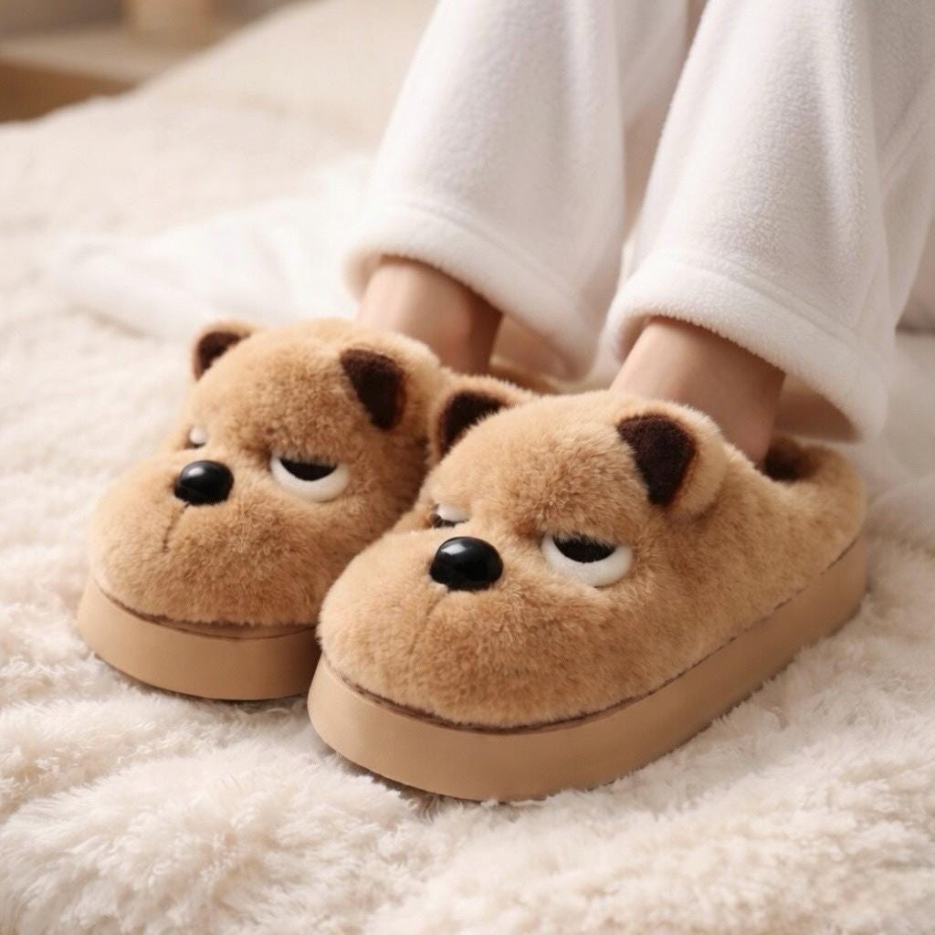 Plush Dog Slippers | Cozy Warm Indoor House Shoes (Brown, Grey) | SoftSlipsy