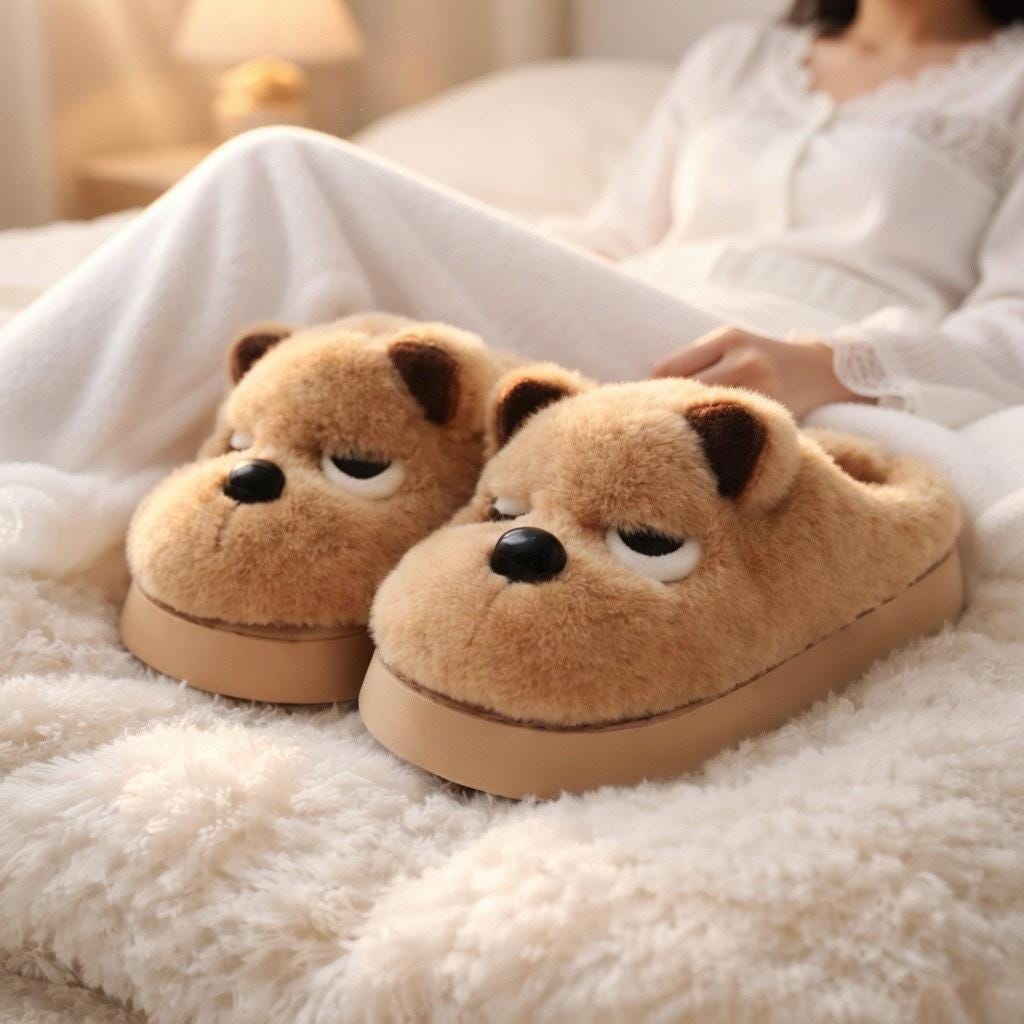 Plush Dog Slippers | Cozy Warm Indoor House Shoes (Brown, Grey) | SoftSlipsy