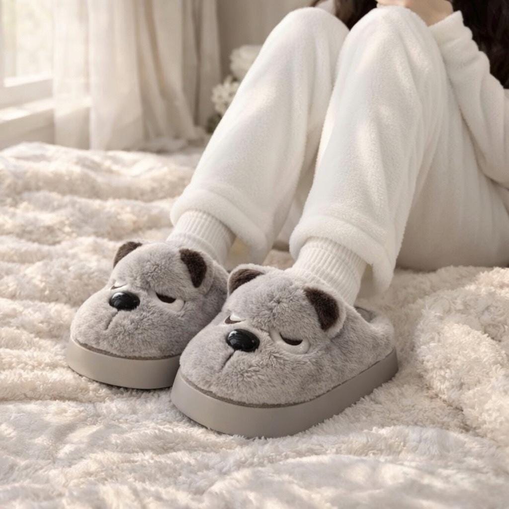 Plush Dog Slippers | Cozy Warm Indoor House Shoes (Brown, Grey) | SoftSlipsy
