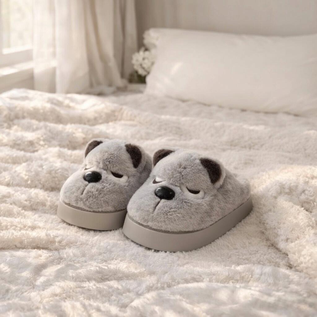 Plush Dog Slippers | Cozy Warm Indoor House Shoes (Brown, Grey) | SoftSlipsy