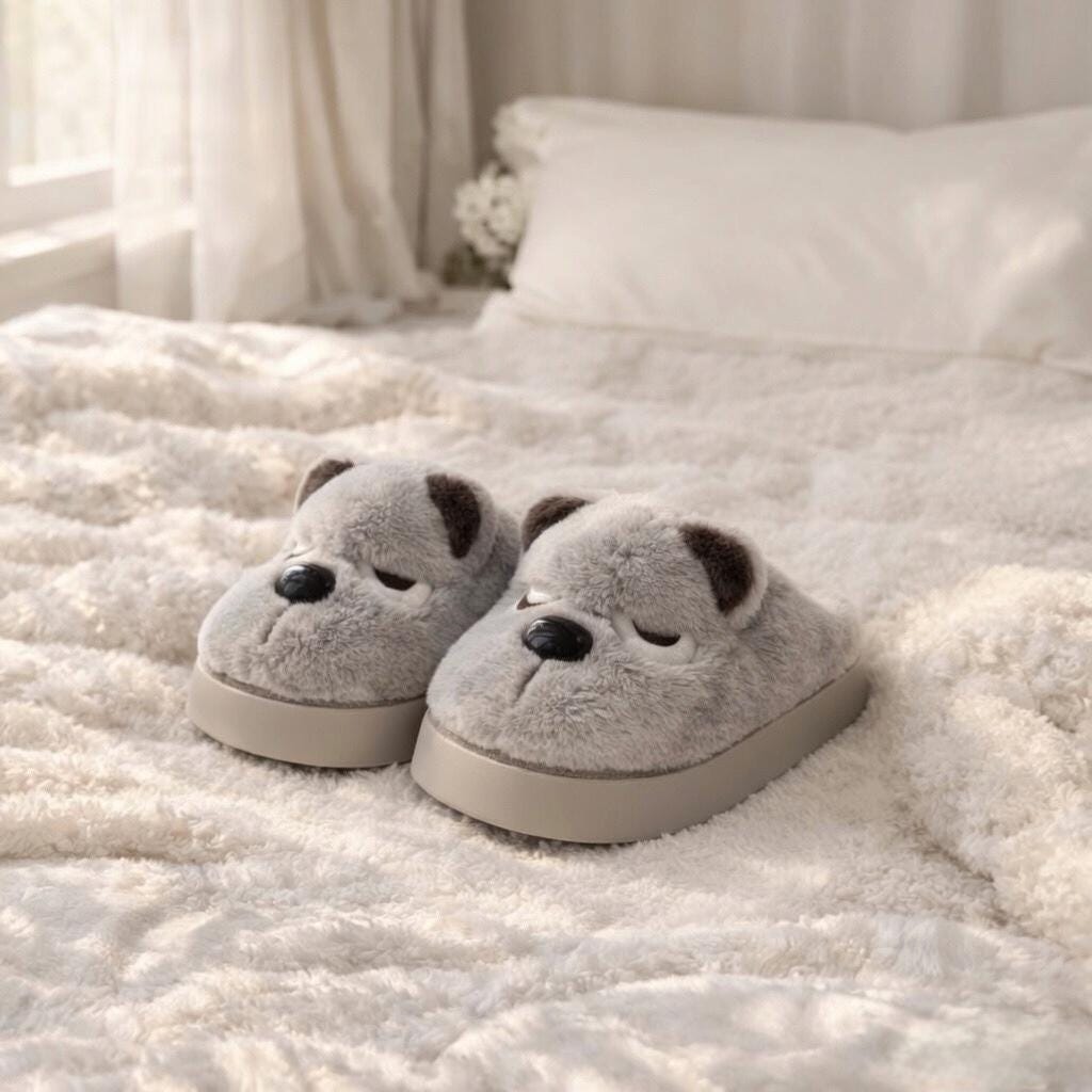 Plush Dog Slippers | Cozy Warm Indoor House Shoes (Brown, Grey) | SoftSlipsy