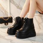 SoftSlipsy 14CM Chunky Platform Ankle Sneakers - Black Lace-Up with Side Zipper