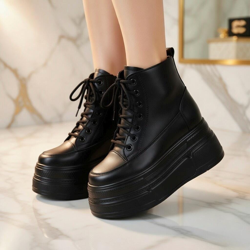 SoftSlipsy 14CM Chunky Platform Ankle Sneakers - Black Lace-Up with Side Zipper