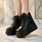 SoftSlipsy 14CM Chunky Platform Ankle Sneakers - Black Lace-Up with Side Zipper
