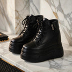 SoftSlipsy 14CM Chunky Platform Ankle Sneakers - Black Lace-Up with Side Zipper