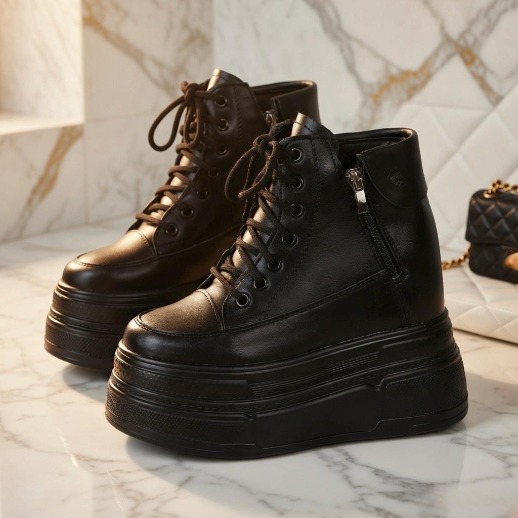 SoftSlipsy 14CM Chunky Platform Ankle Sneakers - Black Lace-Up with Side Zipper