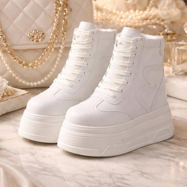 SoftSlipsy 20CM Korean Style Platform Sneakers, White Chunky Sole (Hidden Heel)