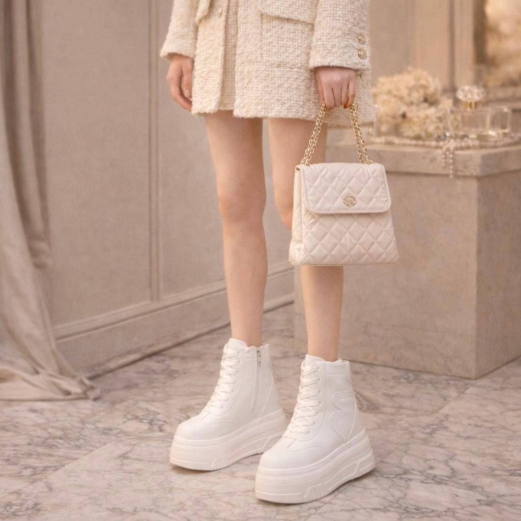 SoftSlipsy 20CM Korean Style Platform Sneakers, White Chunky Sole (Hidden Heel)