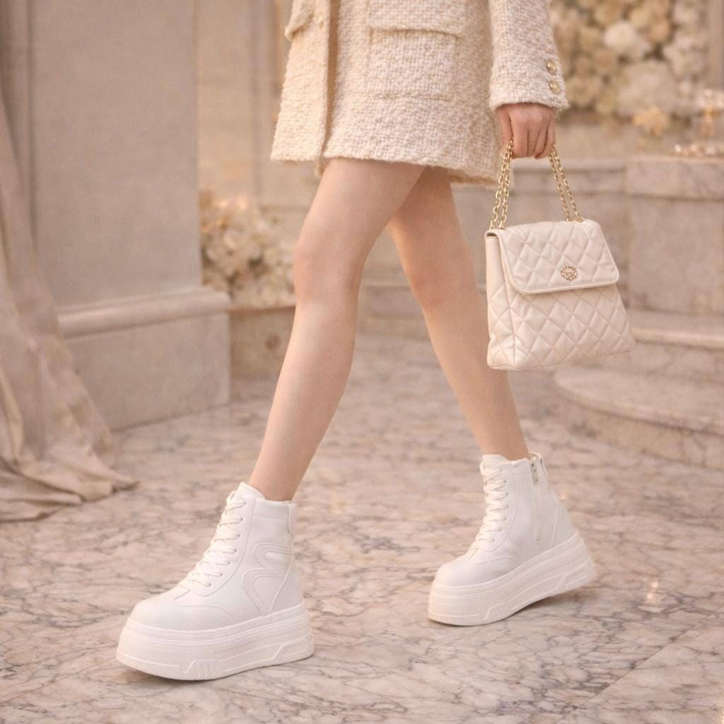 SoftSlipsy 20CM Korean Style Platform Sneakers, White Chunky Sole (Hidden Heel)