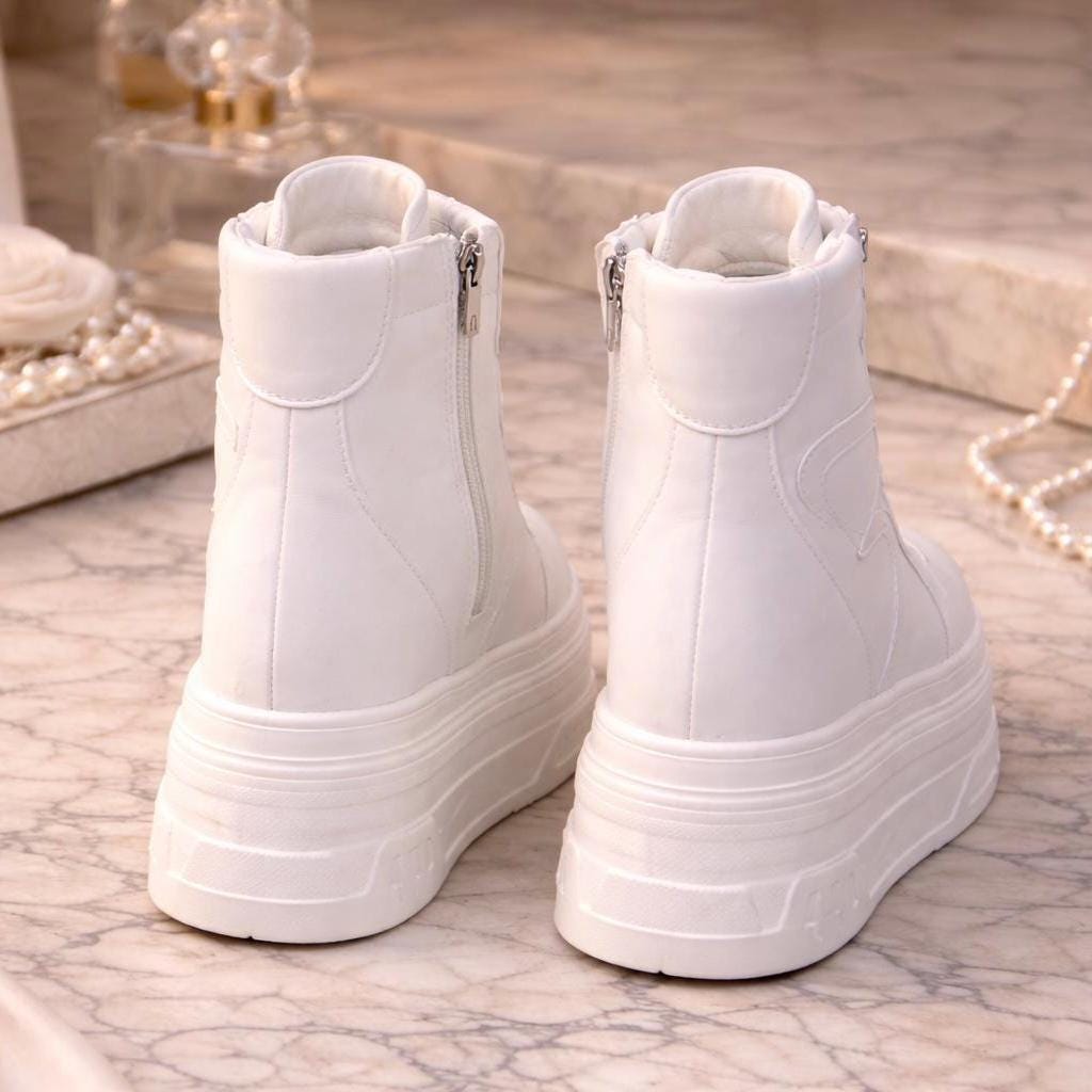 SoftSlipsy 20CM Korean Style Platform Sneakers, White Chunky Sole (Hidden Heel)
