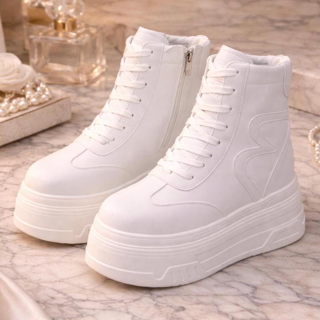 SoftSlipsy 20CM Korean Style Platform Sneakers, White Chunky Sole (Hidden Heel)
