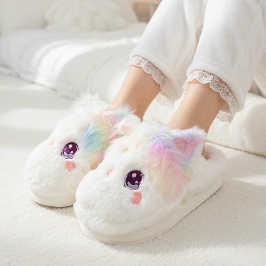 Plush Kitten Slippers | Cozy Rainbow Cat House Shoes, Winter Warmth | SoftSlipsy