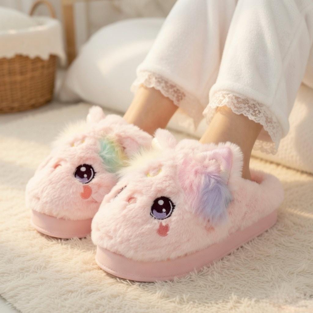 Plush Kitten Slippers | Cozy Rainbow Cat House Shoes, Winter Warmth | SoftSlipsy