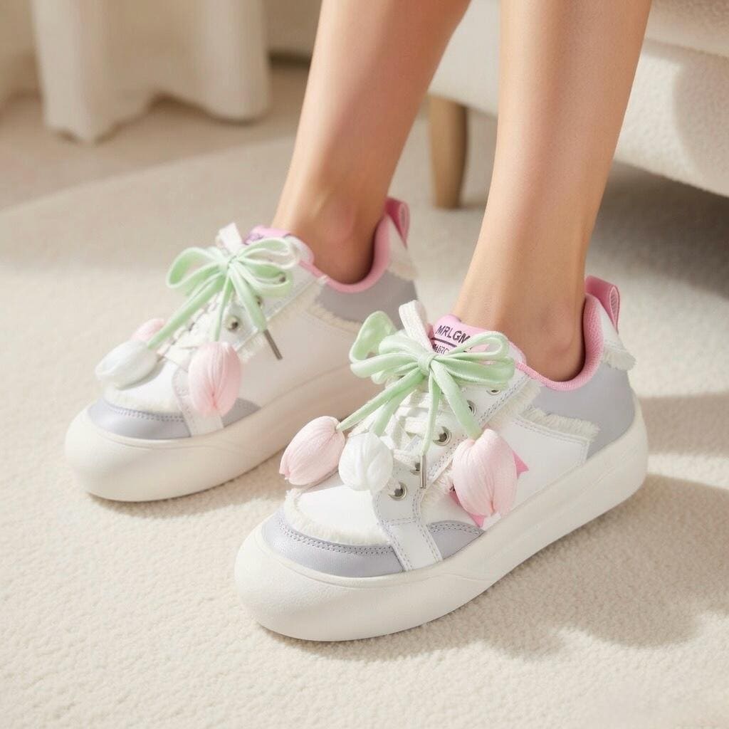 SoftSlipsy Tulip Platform Sneakers | Pastel Floral Chunky Shoes Women, Kawaii Spring Footwear
