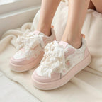 SoftSlipsy Women's Bow Platform Sneakers | Korean Style Lace Up Trainers, Thick Sole Shoes